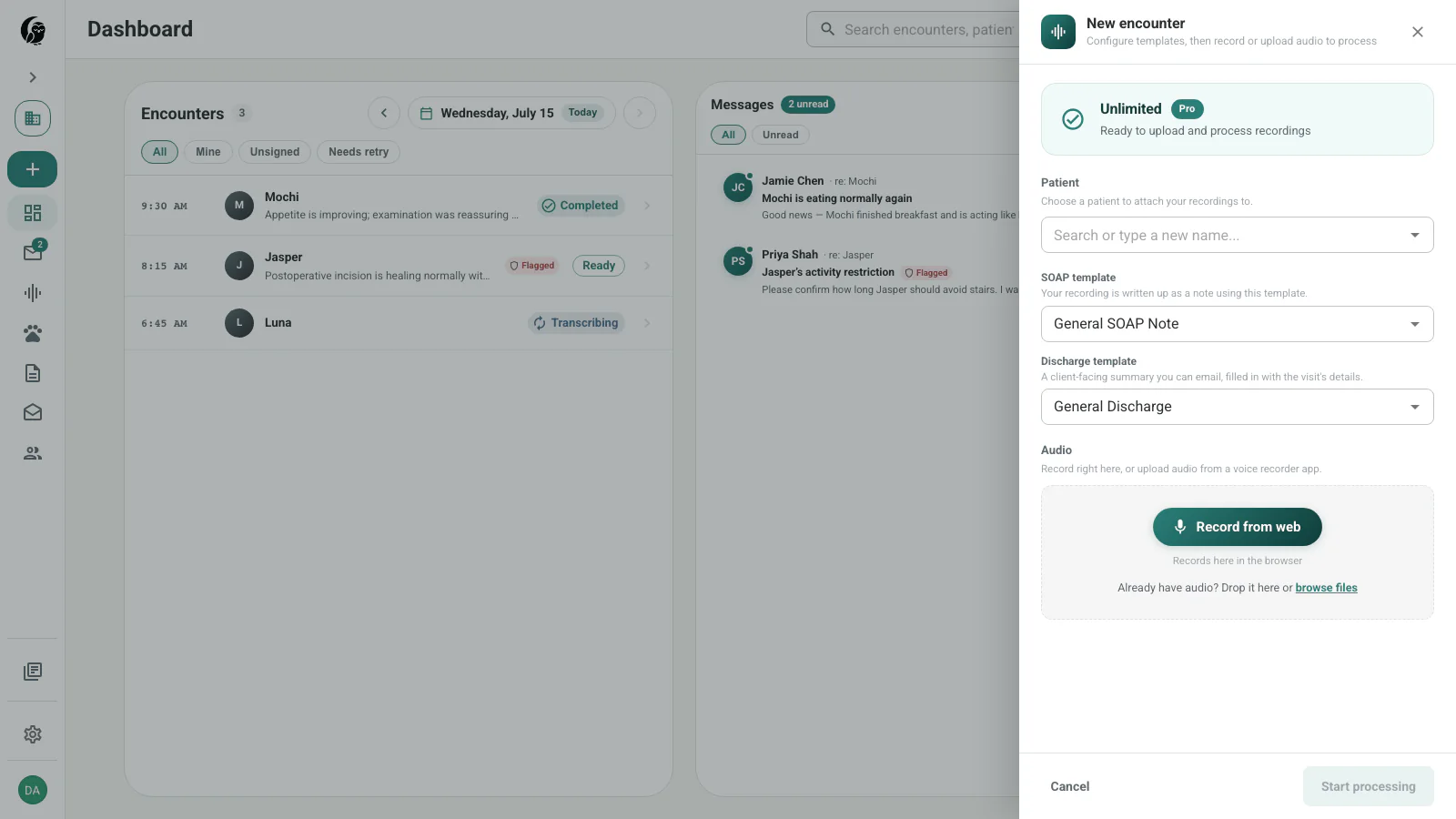 Noctune's new encounter drawer with patient, note template, browser recording, and audio upload controls